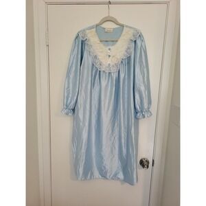 Vintage Cahill Blue Satin‎ Nightgown with Lace Trim